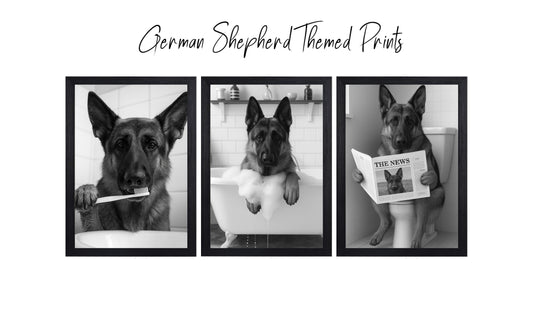 German Shepherd Bathroom Wall Art Prints – Funny Dog Decor l A4 or A3 l Set of 3
