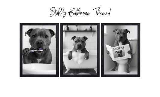 Staffy Bully Bathroom Wall Art Prints – Funny Dog Bathroom Decor (A4 & A3 Sizes)