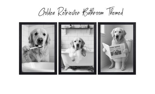 Golden Retriever Bathroom Wall Art Prints – Funny Dog Decor l A4 or A3 l Set of 3