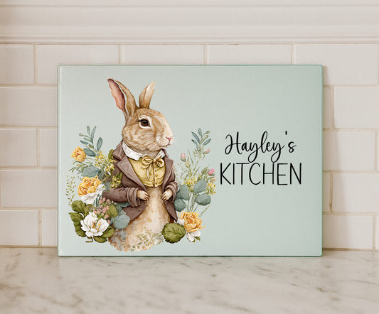 Personalised Vintage Bunny Glass Chopping Board – Custom Name Farmhouse Kitchen Decor (Small or Large)