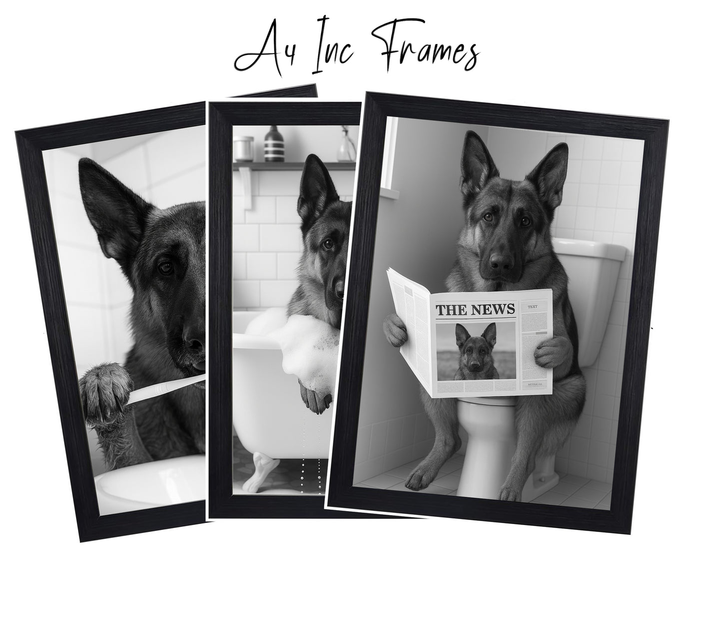 German Shepherd Bathroom Wall Art Prints – Funny Dog Decor l A4 or A3 l Set of 3
