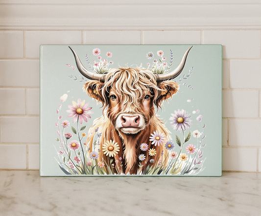 Highland Cow Wildflower Glass Chopping Board / Worktop Saver