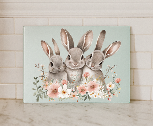 Floral Bunny Glass Chopping Board – Cute Rabbit Kitchen Worktop Saver (Small or Large)