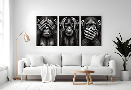 Three Wise Monkeys – Black & White Wall Art Set | See No Evil, Hear No Evil, Speak No Evil (With or Without Frames)