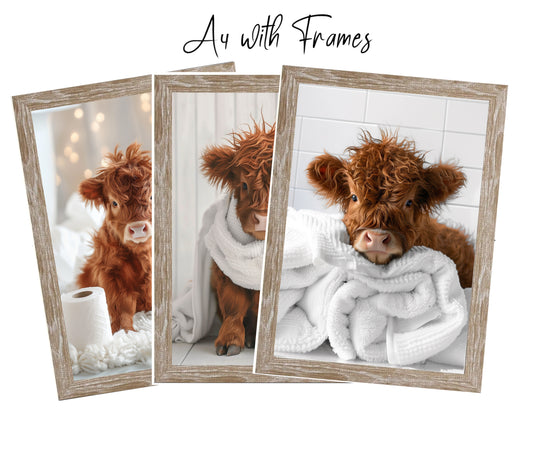 Highland Cow Bathroom Wall Art Print | Cute Farm Animal Decor | A4 & A3 Print With or Without Frame