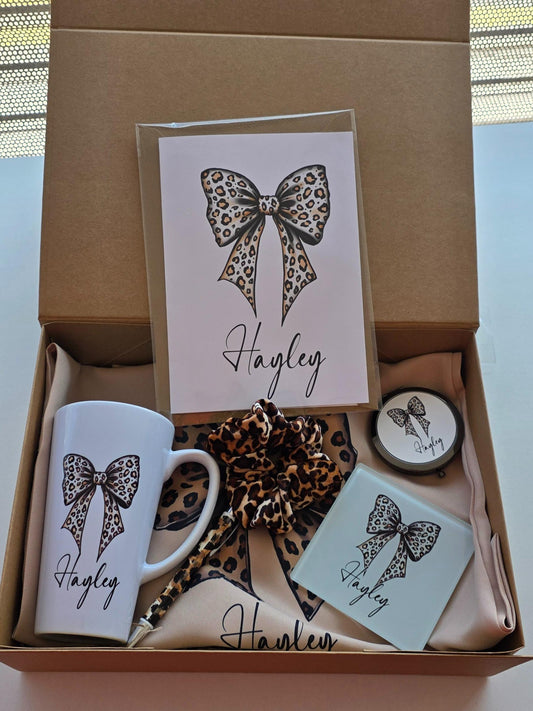Personalised Leopard Bow Gift Set – Custom Mug, Coaster, Scrunchie & Accessories | Animal Print Gift Box for Her