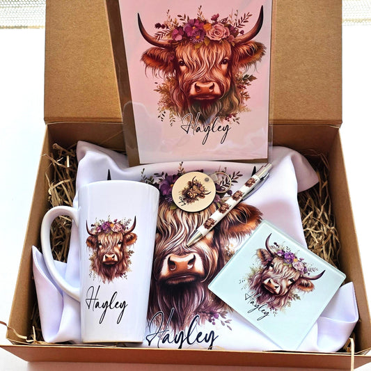 Personalised Highland Cow Gift Set – Custom Name Mug, Tote Bag, Coaster & More | Farm Animal Gift Box for Her