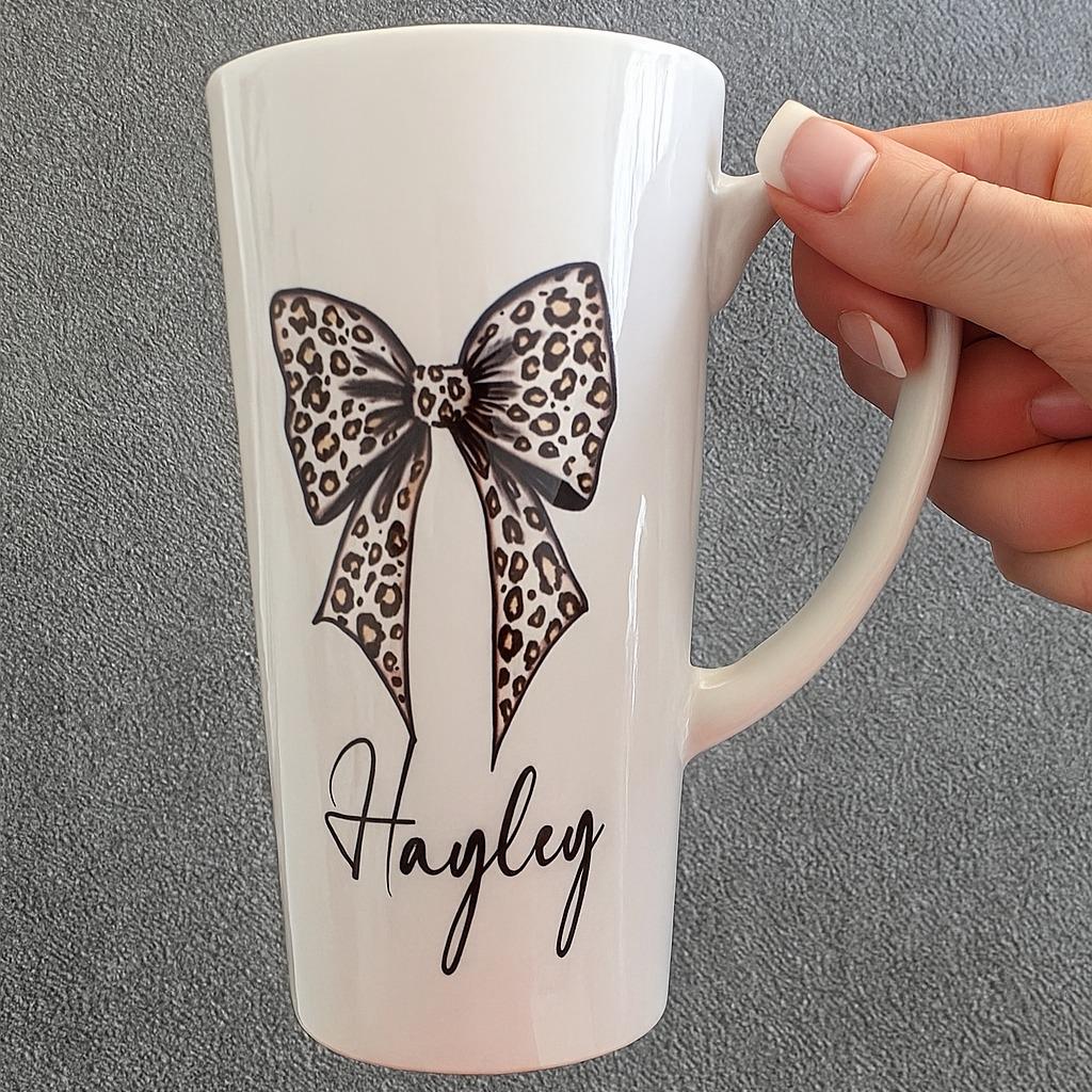 Personalised Leopard Bow Gift Set – Custom Mug, Coaster, Scrunchie & Accessories | Animal Print Gift Box for Her