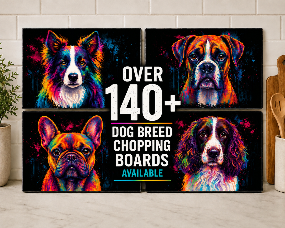 Dog Breed Glass Chopping Board – 140+ Breeds Available | Small & Large Worktop Saver