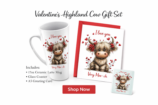Highland Cow Valentines/ Anniversary Gift Set – “Very Moo-ch” Mug, coaster & Card