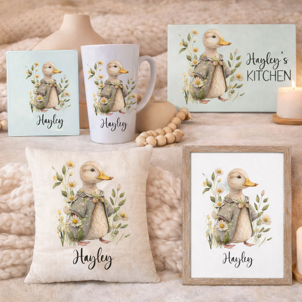 Personalised Duck Kitchen & Home Bundle – Custom Name Mug, Cushion, Coaster, Chopping Board & Print Set