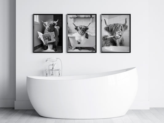 Highland Cows Gone Wild – Bathroom Edition | Set of 3 Black & White Prints