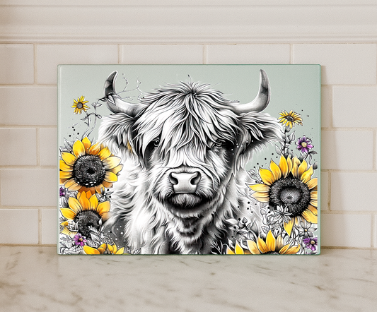 Highland Cow Sunflower Glass Chopping Board – Rustic Farmhouse Kitchen Cutting Board
