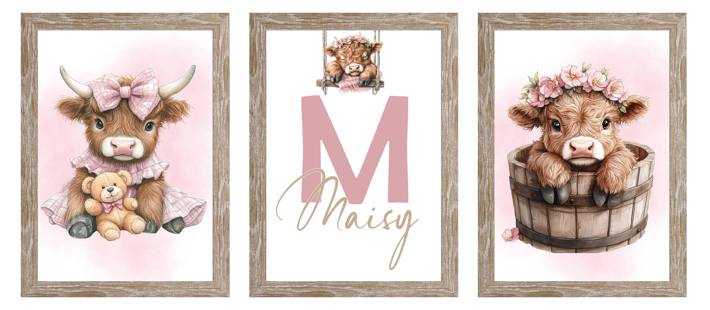 Personalised Highland Cow Nursery Wall Art Set – Custom Name Prints for Baby Girls
