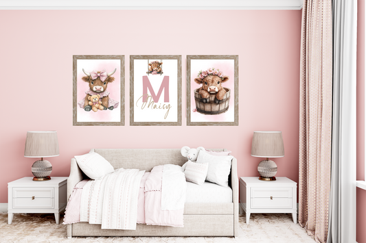 Personalised Highland Cow Nursery Wall Art Set – Custom Name Prints for Baby Girls
