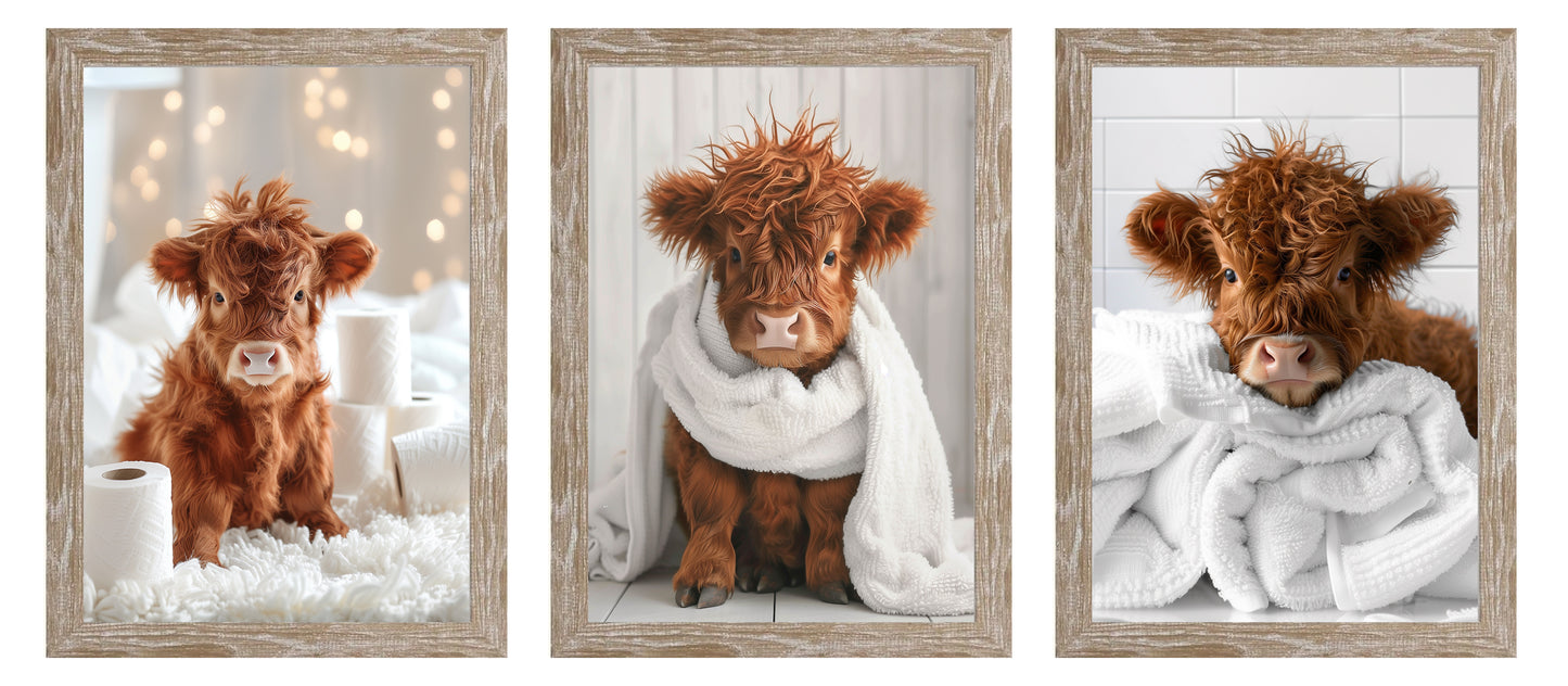 Highland Cow Bathroom Wall Art Print | Cute Farm Animal Decor | A4 & A3 Print With or Without Frame