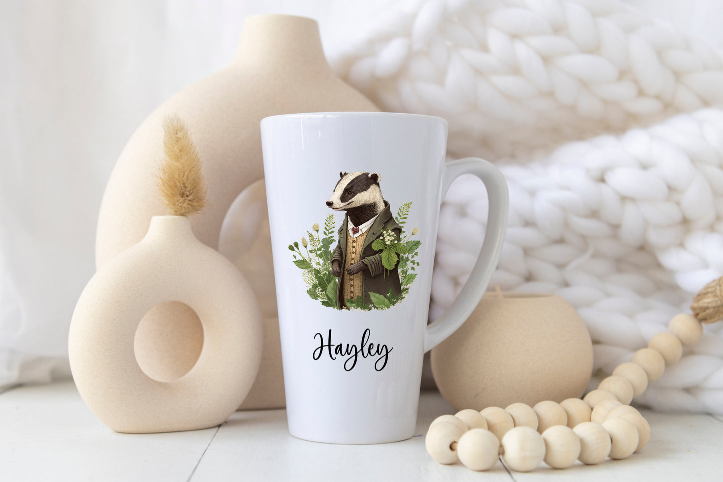 Personalised Badger Latte Mug – 17oz Woodland Animal Name Mug – Double Sided Custom Gift