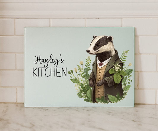 Personalised Vintage Badger Glass Chopping Board – Custom Name Woodland Kitchen Decor (Small or Large)