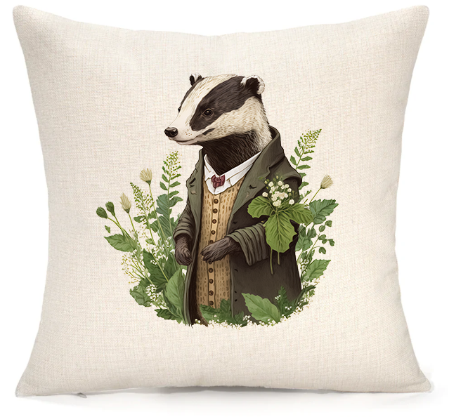 Personalised Woodland Badger Cushion – Premium Linen 45x45cm