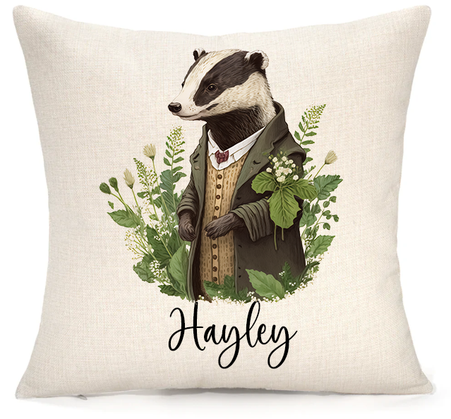 Personalised Woodland Badger Cushion – Premium Linen 45x45cm