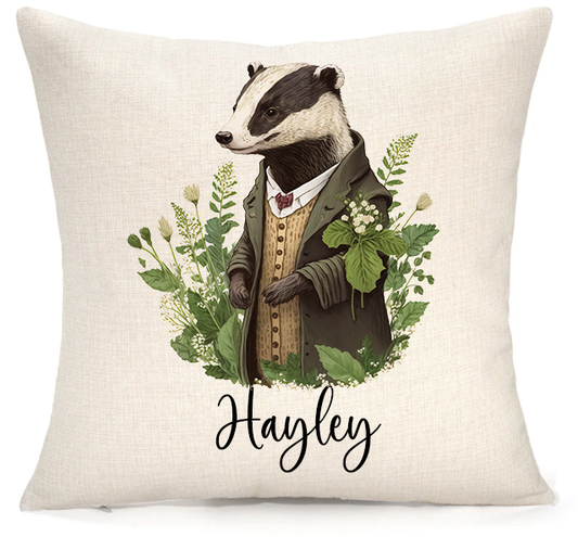 Personalised Woodland Badger Cushion – Premium Linen 45x45cm