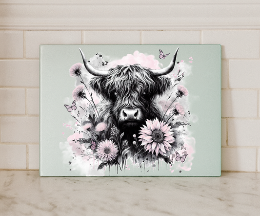 Highland Cow Floral black & pink Glass Chopping Board – Rustic Kitchen Cutting Board