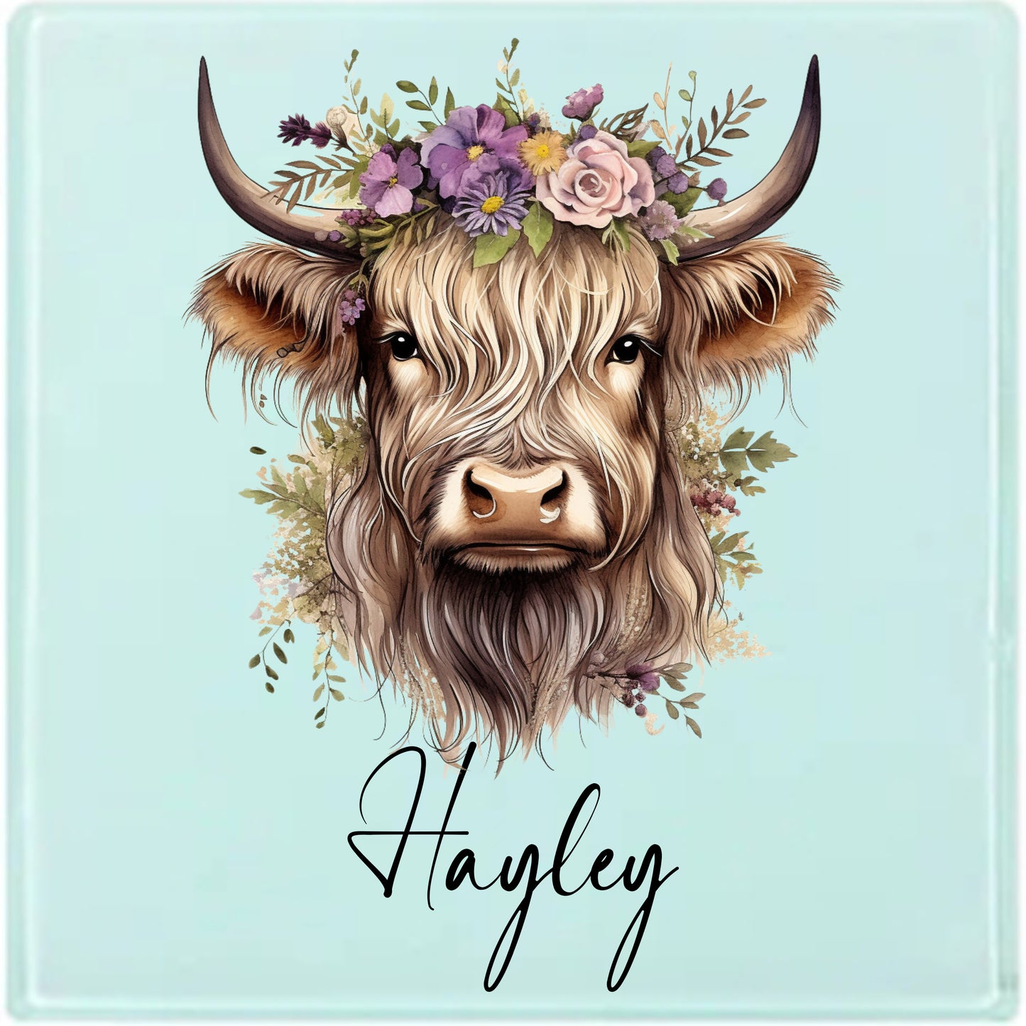 Personalised Highland Cow Latte Mug – Custom Name Boho Floral Cow Coffee Cup – Farmhouse Gift for Her
