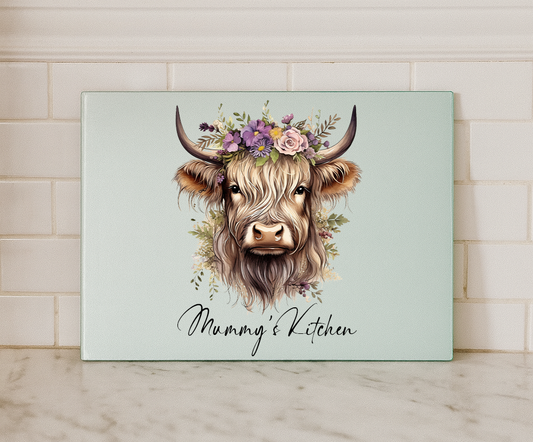 Personalised Highland Cow Glass Cutting Board – Floral Cow Design