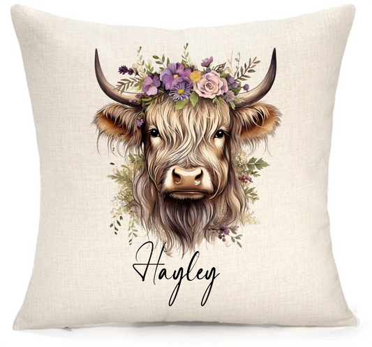 Personalised Highland Cow Cushion – Boho Floral Premium Linen 45x45cm