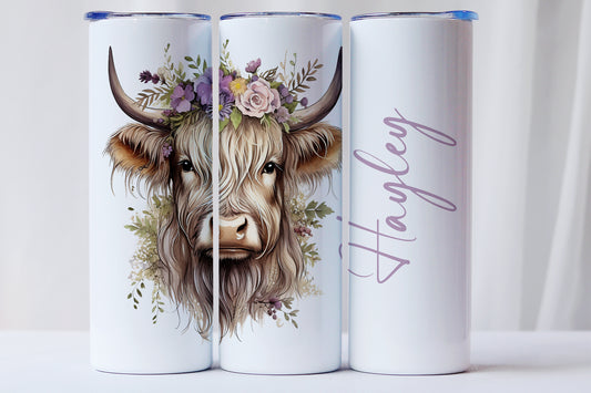 Personalised Highland Cow Skinny Tumbler – 20oz Floral Boho Cow with Name