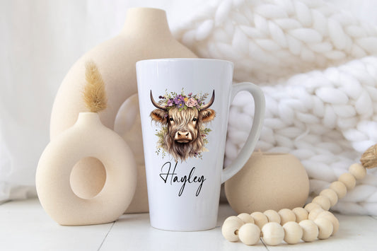 Personalised Highland Cow Latte Mug – Custom Name Boho Floral Cow Coffee Cup – Farmhouse Gift for Her