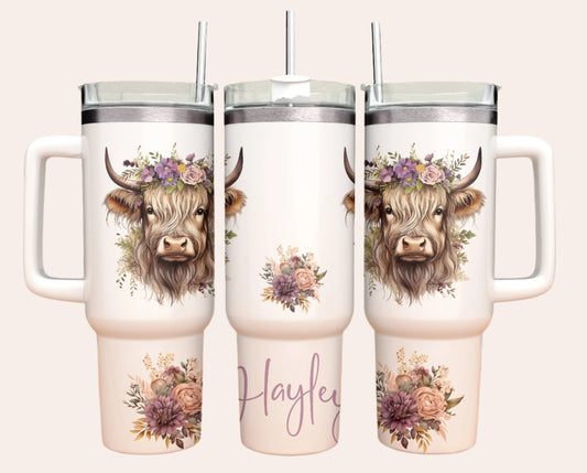 Personalised Highland Cow Floral Tumbler Mug – 40oz Boho Style with Handle & Straw