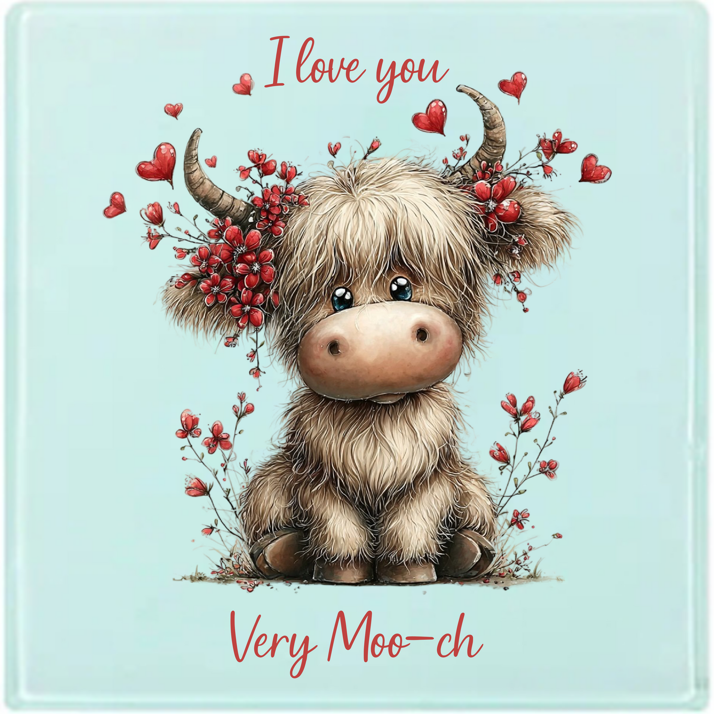 Highland Cow Valentines/ Anniversary Gift Set – “Very Moo-ch” Mug, coaster & Card