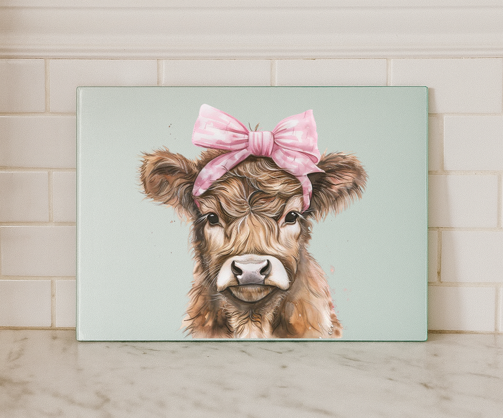 Cute Highland Cow Glass Chopping Board with Pink Bow – Farmhouse Kitchen Worktop Saver
