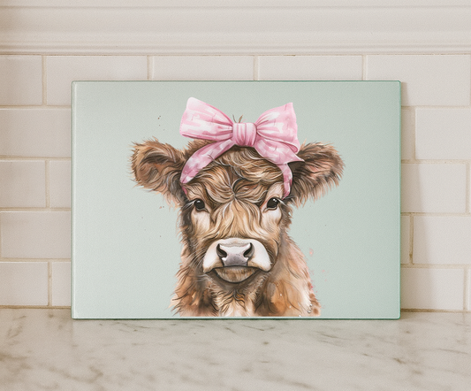 Cute Highland Cow Glass Chopping Board with Pink Bow – Farmhouse Kitchen Worktop Saver