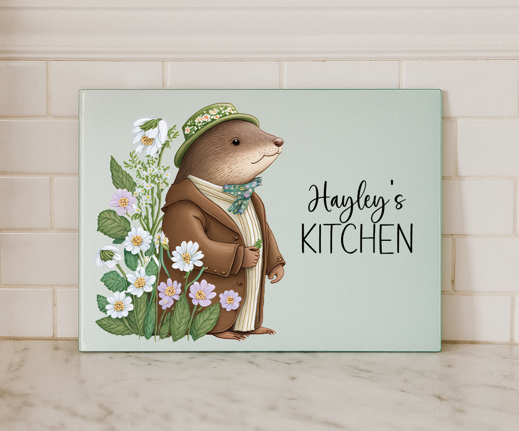 Dapper Otter Glass Chopping Board – Woodland Farmhouse Kitchen Decor (Small or Large)