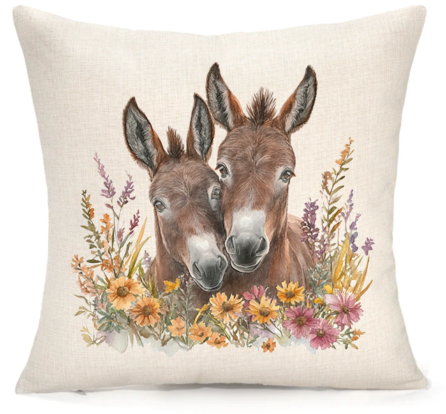 Personalised Donkey Cushion Cover – Floral Donkey Premium Linen 45x45cm