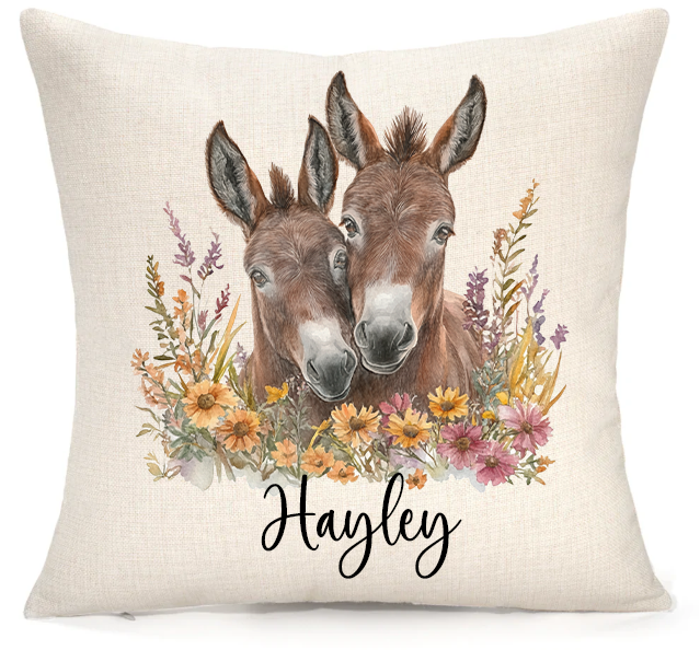 Personalised Donkey Cushion Cover – Floral Donkey Premium Linen 45x45cm