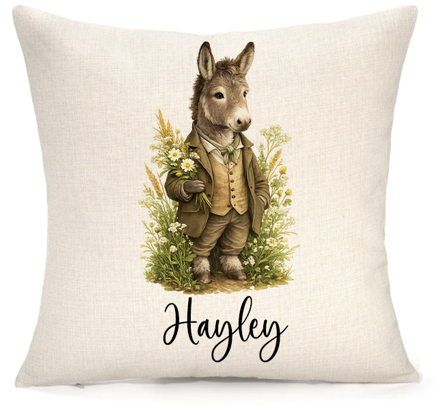 Personalised Woodland Donkey Cushion – Premium Linen 45x45cm