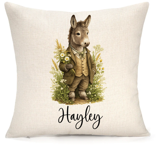 Personalised Woodland Donkey Cushion – Premium Linen 45x45cm