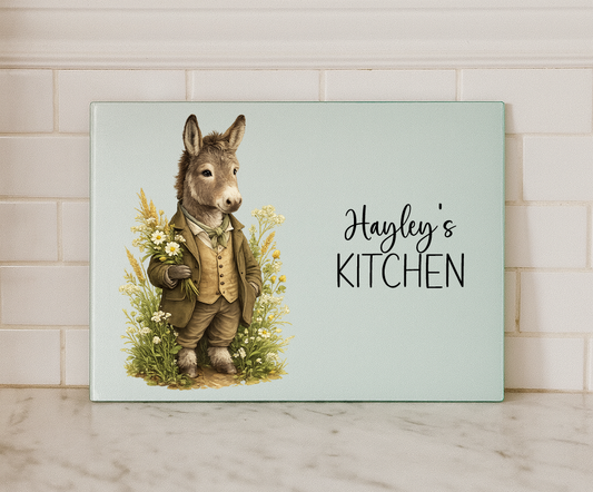 Personalised Vintage Donkey Glass Chopping Board – Custom Name Woodland Kitchen Decor (Small or Large)