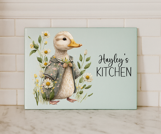 Personalised Vintage Duck Glass Chopping Board – Custom Name Kitchen Decor (Small or Large)