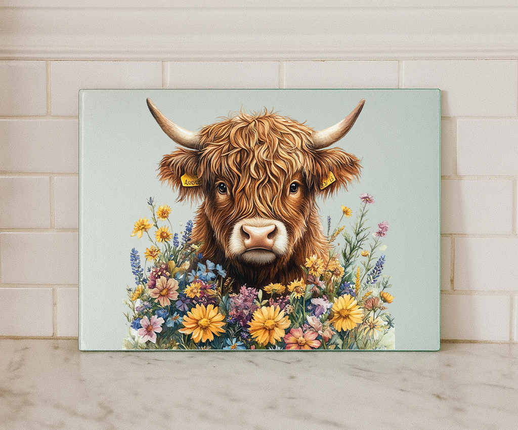 Highland Cow Floral Glass Chopping Board / Worktop Saver