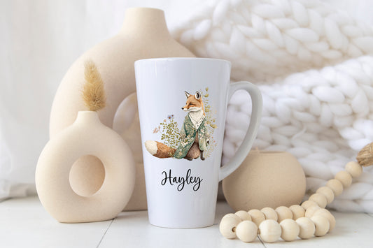 Personalised Fox Latte Mug – 17oz Woodland Animal Name Mug – Double Sided Custom Gift