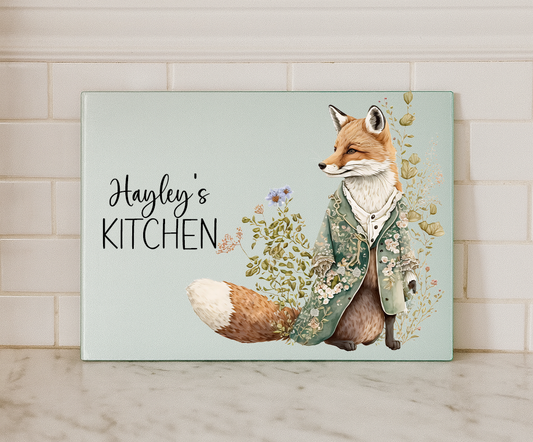 Personalised Vintage Fox Glass Chopping Board – Custom Name Woodland Kitchen Decor (Small or Large)