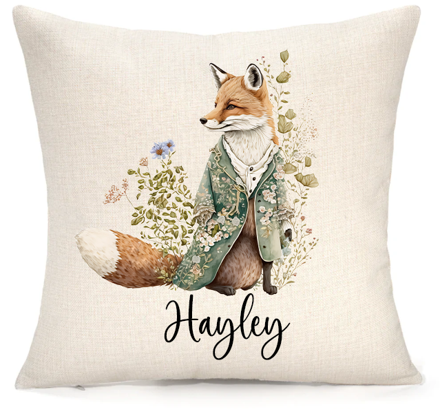 Personalised Woodland Fox Cushion – Premium Linen 45x45cm