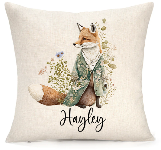 Personalised Woodland Fox Cushion – Premium Linen 45x45cm