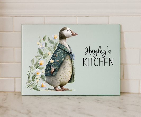 Personalised Vintage Goose Glass Chopping Board – Custom Name Woodland Kitchen Decor (Small or Large)