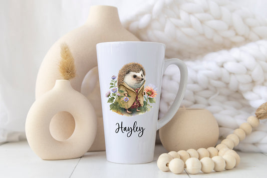 Personalised Hedgehog Latte Mug – 17oz Woodland Animal Name Mug – Double Sided Custom Gift