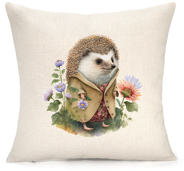 Personalised Woodland Hedgehog Cushion – Premium Linen 45x45cm